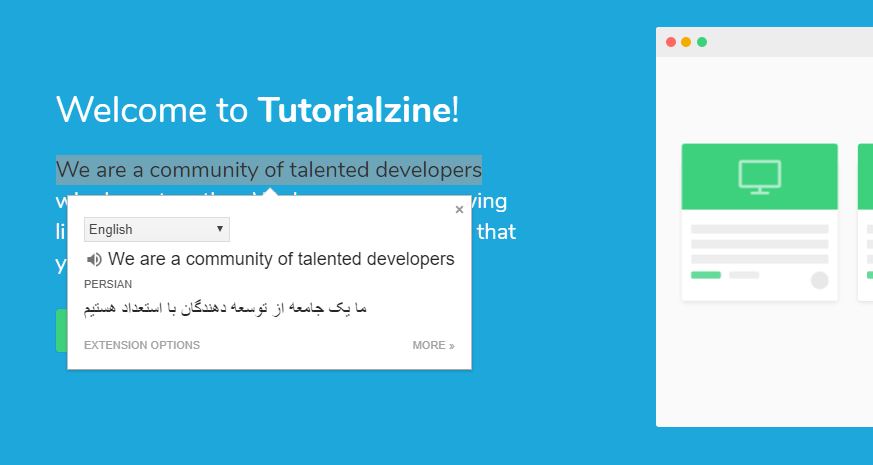 متن ترجمه شده با افزونه Google Translate در مرورگر Chrome